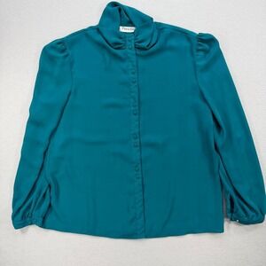 Vintage 80s Personal 18 Blouse Womens Teal Blue High Neck Puff Sleeve Secretary